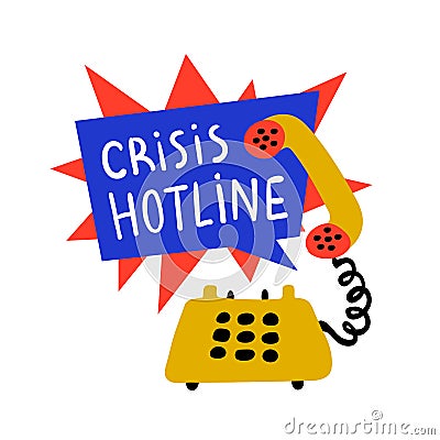 Psychology. Crisis hotline, Support call, psychological help. Yellow hand drawn phone with rad and blue speech bubble Vector Illustration