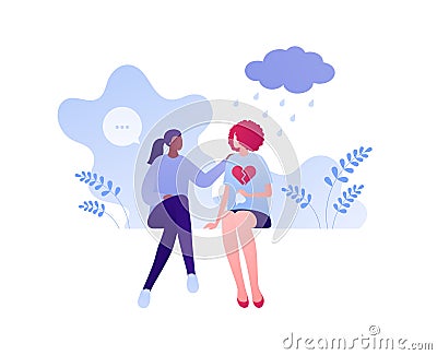 Psychology, emotion and relationship psychotherapy concept. Vector flat person illustration. Woman support female patient sitting Cartoon Illustration