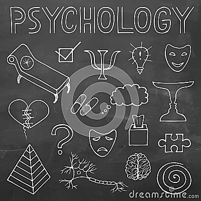 Psychology hand drawn doodle set and typography on chalkboard ba Vector Illustration