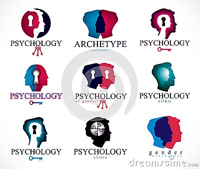 Psychology, human brain, psychoanalysis and psychotherapy, relationship and gender problems, personality and Vector Illustration