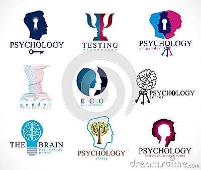 Psychology, human brain, psychoanalysis and psychotherapy, relationship and gender problems, personality and individuality, Vector Illustration