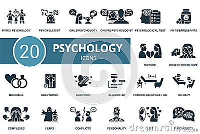 Psychology icons set. Creative icons: family psychology, psychologist, child psychology, online psychology Vector Illustration