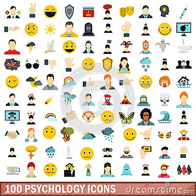 100 psychology icons set, flat style Vector Illustration