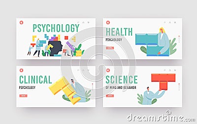 Psychology Landing Page Template Set. Tiny Psychologist Doctor Characters Setup Colorful Puzzle Pieces on Human Head Vector Illustration