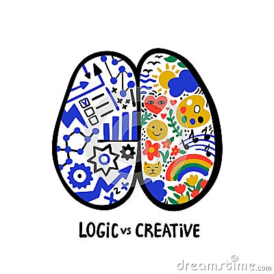 Psychology. Logic vs creative. Left right human brain concept. Hand drawn Creative and logic part with social and Vector Illustration