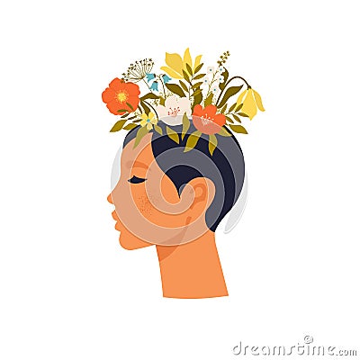 Psychology. Mental health. Woman character with flower head. Mental health concept, good mood, harmony flat vector Vector Illustration
