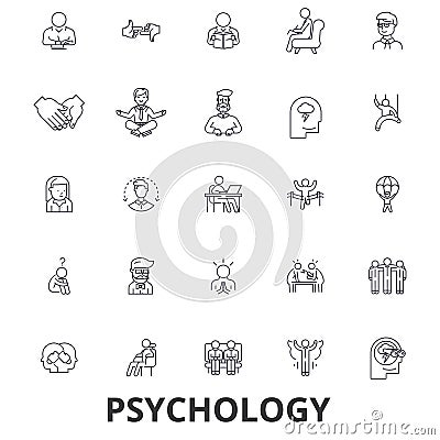 Psychology, psychologist, counseling, test, therapy, brain, sociology, mind line icons. Editable strokes. Flat design Vector Illustration