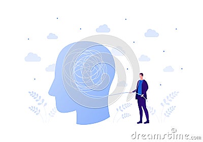Psychology, psychotherapy and psychiatry counseling concept. Vectop flat person illustration. Patient human head with tangled Cartoon Illustration