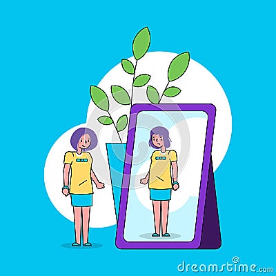 Psychology of self perception ego concept with girl looks into mirror and sees herself ugly in reflection line art Vector Illustration