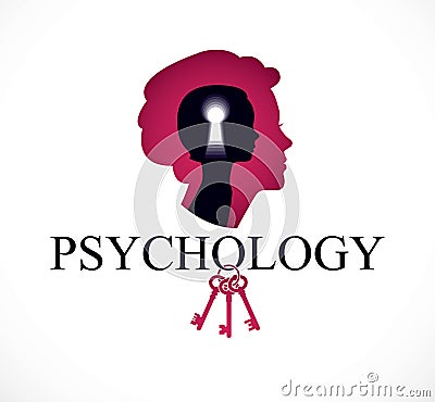 Psychology vector logo created with woman head profile and little child girl inside with keyhole, inner child, a key to human ind Vector Illustration