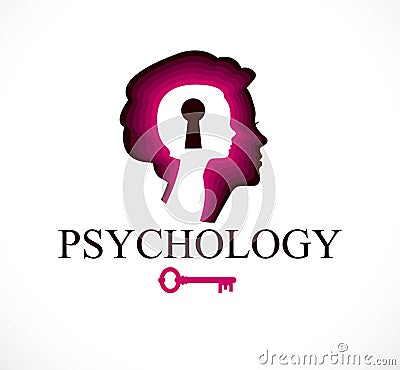 Psychology vector logo created with woman head profile and little child girl inside with keyhole, inner child, a key to human Vector Illustration