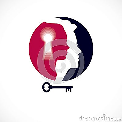 Psychology vector logo created with woman head profile and little child girl inside with keyhole, inner child, a key to human Vector Illustration