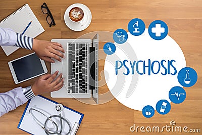 PSYCHOSIS and Background of Medicaments Composition, Stethoscope Stock Photo