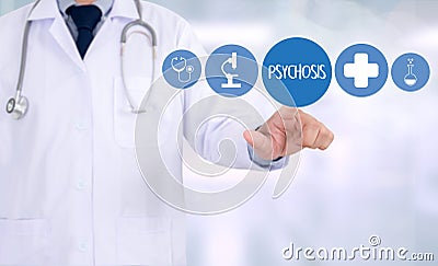 PSYCHOSIS and Background of Medicaments Composition, Stethoscope Stock Photo