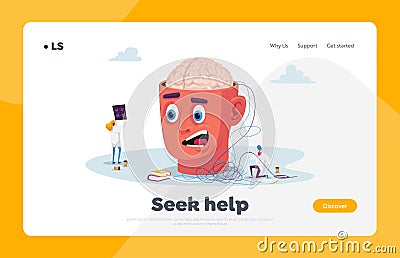 Psychotherapist Session in Mental Health Clinic Landing Page Template. Tiny Psychiatrist Doctor Characters Vector Illustration