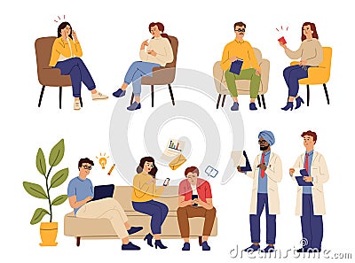 Psychotherapy concept. Doctor consulting, personal and group therapy. Gadget, social network and work addiction. People Vector Illustration