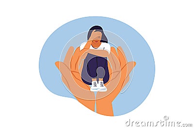 Psychotherapy concept. Person keep in arms unhappy stressed female suffering from depression or mental problem. Helping hands. Vector Illustration