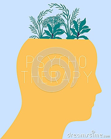 Psychotherapy. Human head with plant, hand drawn lettering, good mood and harmony, positive thinking, self care and Vector Illustration
