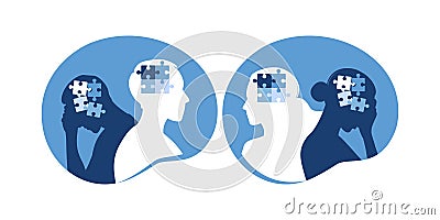 Psychotherapy or psychology support concept. Two woman and man different states of consciousness mind - depression and positive Vector Illustration