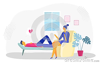 Psychotherapy session. Man lying on sofa in depression with broken heart. Female psychologist providing support Vector Illustration