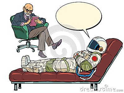 A psychotherapy session. The psychotherapist sees a astronaut, the patient is lying on the couch Vector Illustration