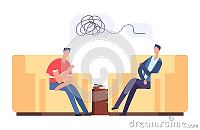 Psychotherapy session vector illustration. Frustrated man at psychologist, depression, mental disorder concept Vector Illustration