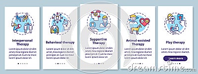 Psychotherapy types onboarding mobile app page screen with concepts Vector Illustration