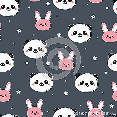 Seamless pattern cute cartoon of panda and bunny. spring collection wallpaper, for fabric print and scarf Vector Illustration