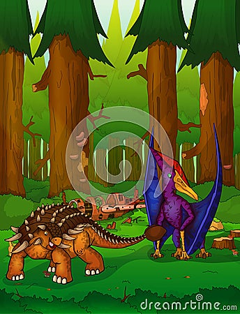 Pteranodon and ankylosaurus on the background of a forest. Vector Illustration