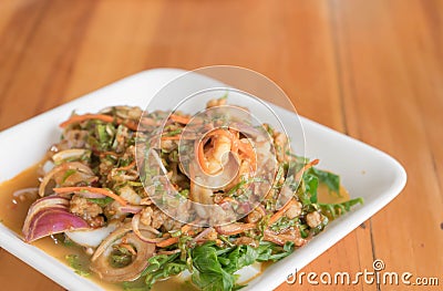 Pteridium aquilinum (L.) seafood thai style salad Stock Photo