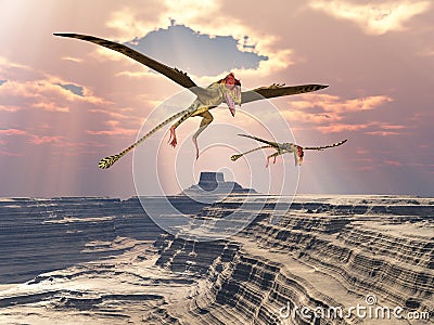 Pterosaur Peteinosaurus over a canyon landscape Cartoon Illustration