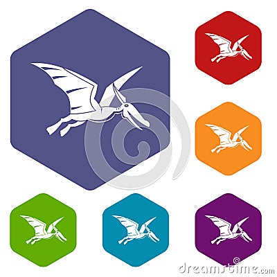 Pterosaurs dinosaur icons set hexagon Vector Illustration