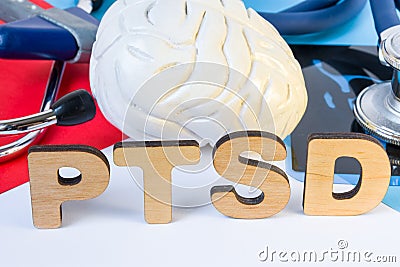 PTSD Medical abbreviation or acronym of post traumatic stress syndrome, mental disorder caused by traumatic events. Word PTSD near Stock Photo