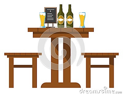 Pub or bar table with beer and chairs isolated icon Vector Illustration