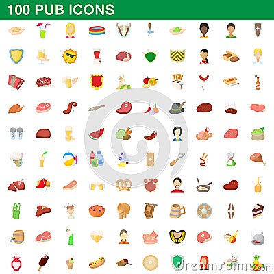 100 pub icons set, cartoon style Vector Illustration