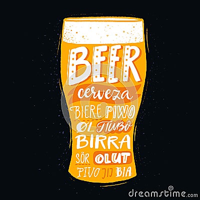 Pub poster with beer word in different languages. Spanish cerveza, russian pivo, french biere, finnish olut. Handwritten Vector Illustration