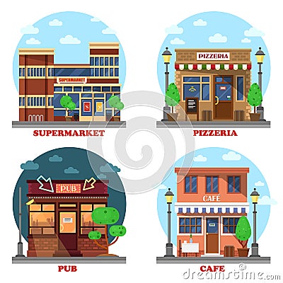 Pub and supermarket, pizzeria and cafe buildings. Business shop's facade on street with menu and lights. Vector Illustration