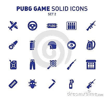 PUBG game glyph icons. Vector illustration of combat facilities. Solid design. Set 2 of icons Vector Illustration