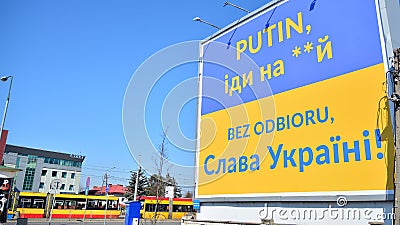 Public announcement supporting a defending Ukraine. Action condemning the authoritarian regime in Russia. Editorial Stock Photo