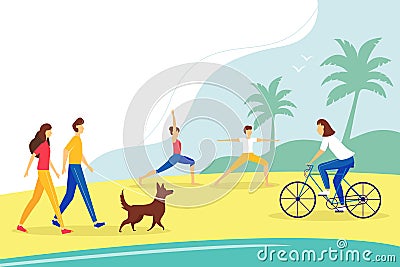 Public beach background. People doing yoga, cycling, walking animals. Relaxation and active recreation concept. illustration Stock Photo