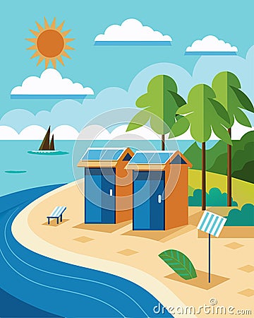 A public beach has implemented solarpowered public s preserving the natural beauty of the shoreline while still Vector Illustration