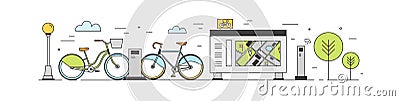 Public bike sharing area with bicycles available for rent parked at docking stations on city street, payment terminals Vector Illustration