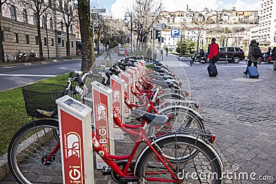 Public bikes city center of Bergamo,Lombardy,Italy. Editorial Stock Photo