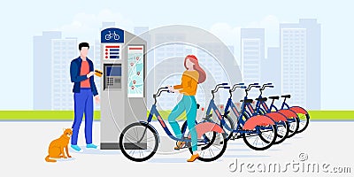 Public city bicycle sharing business, vector flat illustration. Modern automated bike rental service system concept Vector Illustration