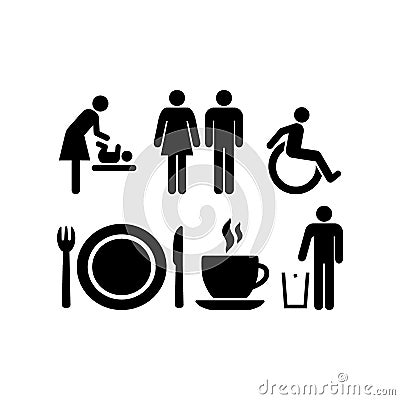 Public diner, restaurant, cafe, restroom signs. Baby changing room, wc symbols. Vector Illustration