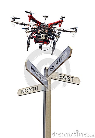 Public direction information arrow sign drone north west south east Stock Photo