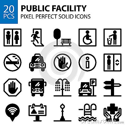 Public facility solid icons bundle pixel perfect Vector Illustration