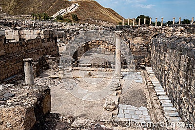 A public latrine, Remains of an Ancient City of Beit She`an. Beit She`an National Park in Israel Stock Photo