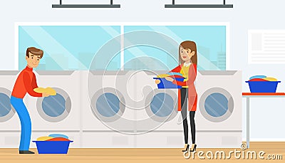 Public Laundrette with Laundromat Washing Machines, People Visiting Laundry Loading Clothes for Washing and Drying Vector Illustration