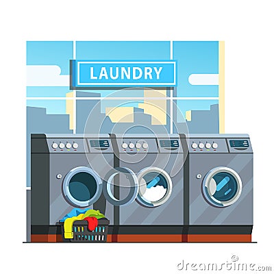 Public laundromat line of washing machines Vector Illustration